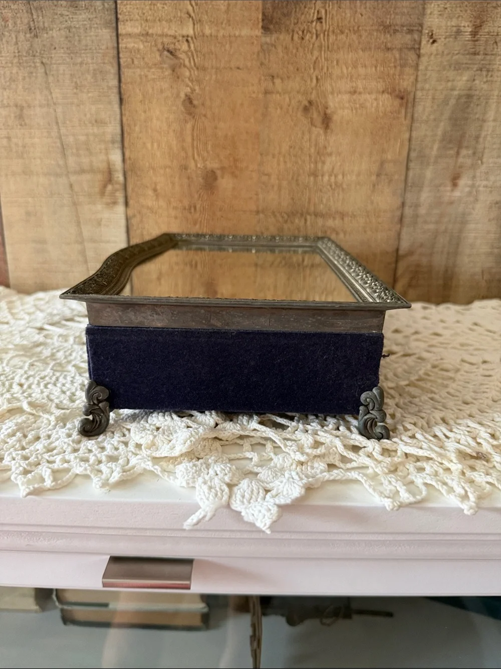 Vintage Velvet Jewelry Trinket Box with Mirrored Top - Navy